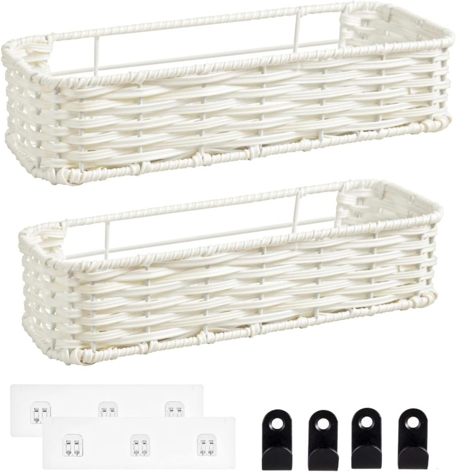 Hanging Wall Basket, Adhesive Wall-Mounted Organizer for Storage, Plastic Wicker Woven Storage Shelves for Kitchen, Bedroom, Bathroom, Livingroom, 2-Pack, Off White Color