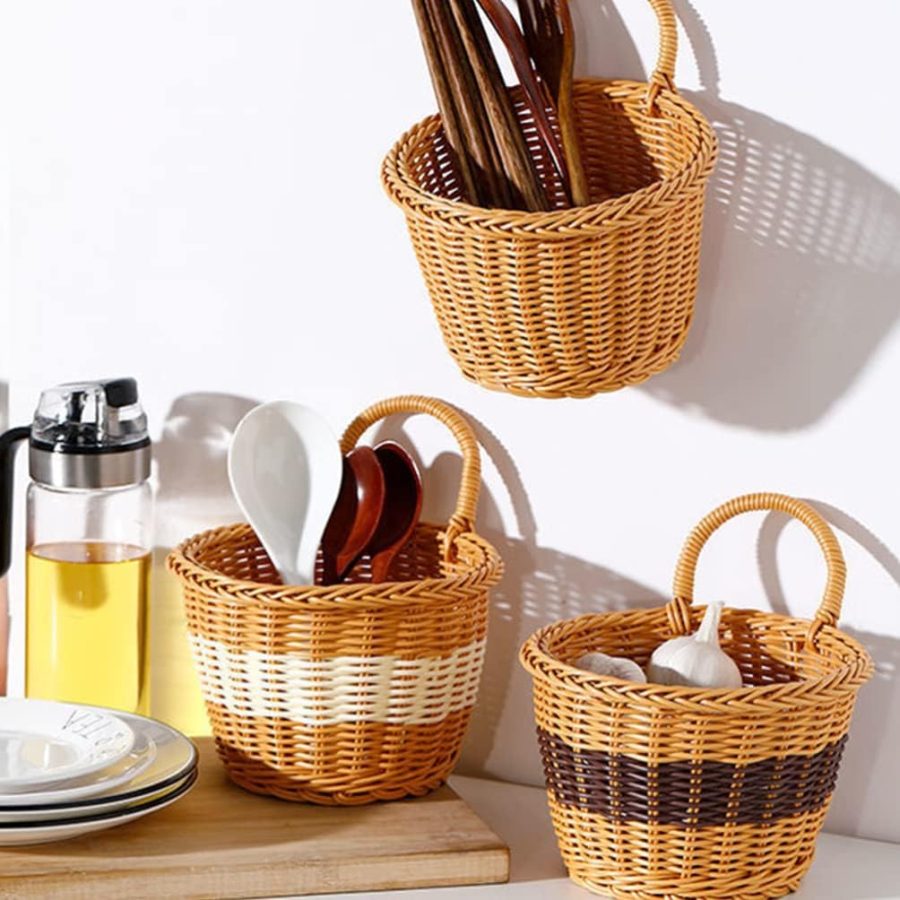 Fruits Storage Basket Hanging Woven Flower Basket Wall Mounted Storage Basket Rattan Woven Basket Egg Gathering Basket Key Bowl Onion Storage Wicker Wall-mounted Pp Wall Hanging - Image 2