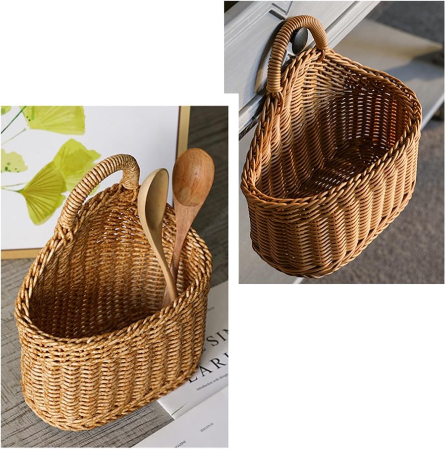 Hanging Woven Rattan Basket & Wall-Mounted Storage Rack – Decorative Plastic Wicker Baskets for Organizing Kitchen, Bathroom, Pantry, Fantastic Small Hanging Basket for Home & Garden Light