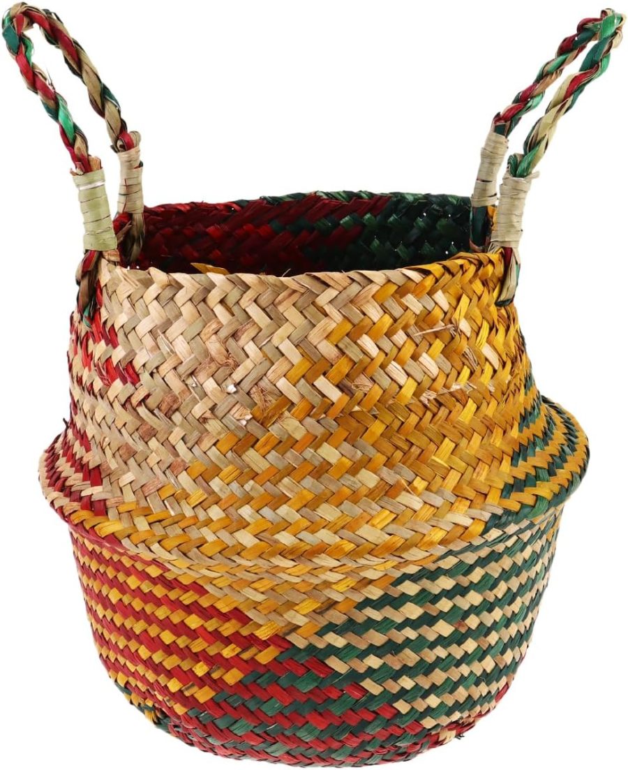 Foldable Woven Linen Basket Storage Container, Multipurpose Seagrass Flower Vase with Double Thicken Handles, Decorative Basket for Home, Office, Living Room, 8.66x7.87x6.69 Inch