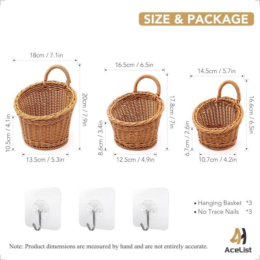 3 Pack Woven Storage Basket, Boho Wall Hanging Basket, Retro Farmhouse Decor, Plastic Hanging Fruit Basket For Organizing With Handle, Boho Room Decor, Bathroom, Door, Kitchen, Plants, Flowers - Image 2