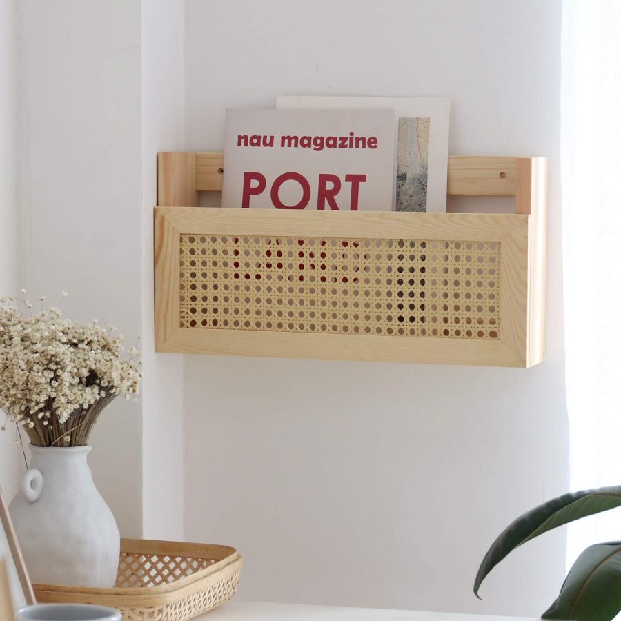 Wood Magazine Wall Rack with PE Rattan Grid,Size 17.3" x 4" x 9.4",File Holder for Entryway,Living Room,Waiting Room,Kids’ Room,Office