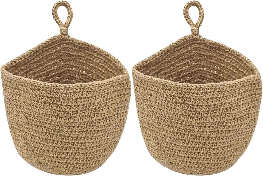 Jute Onion Basket Hanging for Pantry with Wooden hook, Potato Garlic Onion Pantry Storage Baskets, Potato Holder Hanging Wall Vegetable Baskets for Succulent Wall Decor (Large)