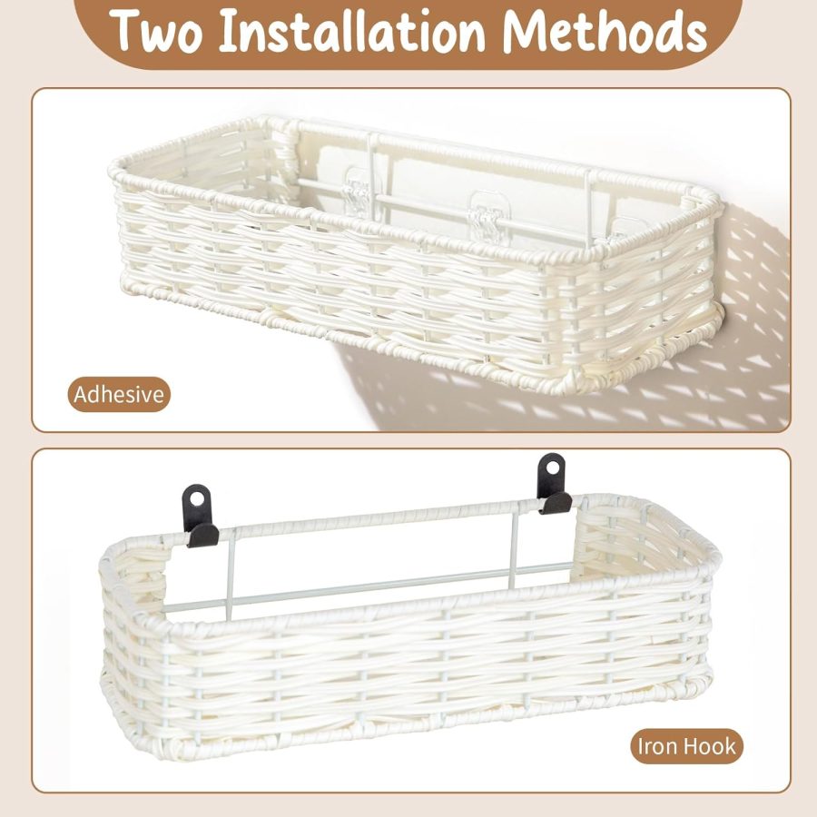 Hanging Wall Basket, Adhesive Wall-Mounted Organizer for Storage, Plastic Wicker Woven Storage Shelves for Kitchen, Bedroom, Bathroom, Livingroom, 2-Pack, Off White Color - Image 2