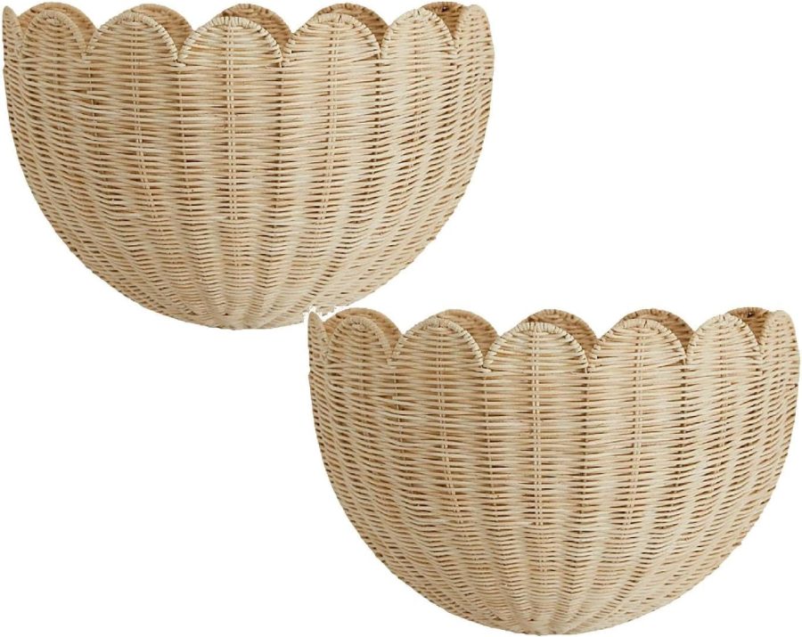 Scallop Wall Basket, Handmade Woven Rattan Wall Shelf, 16x11 Boho Key Holder, Towel & Toy Organizer with Steel Frame, Wall Mounted Storage for Bathroom, Bedroom, Entryway (Khaki-2pcs)