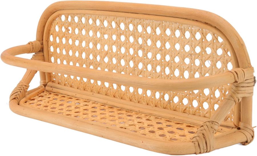 Rattan Wall Mounted Shelf Hanging Rack Hand Crafted Rattan Floating Shelves Hanging Rack Wall Hanging Rack Holder for Bedroom Living Room Bathroom Kitchen Office Decor