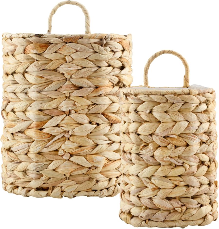 Water Hyacinth Baskets (Set of 2); Wall Hanging Woven Rustic Farmhouse Door Baskets, Small and Medium Size