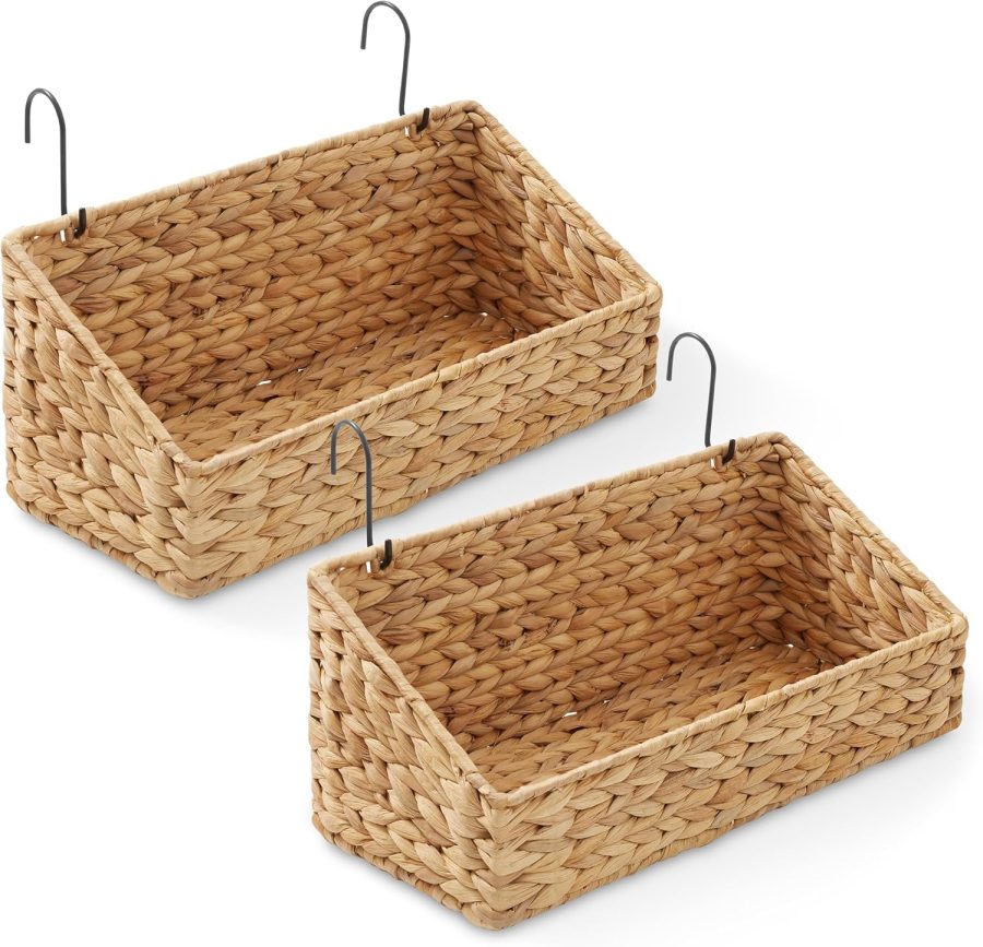 Set of 2 Hanging Baskets with Hooks - Natural, Hyacinth Woven Wall Mounted Storage Bins for Kitchen, Bathroom, Laundry Room, Home Office
