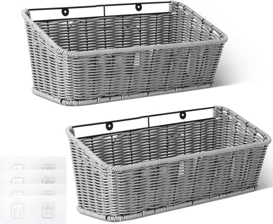 Wicker Hanging Basket, 2 Pack Storage Baskets for Cabinet, Wall Mount Fruit Basket for Kitchen, Adhesive Bathroom Cabinet Organizer, Pantry Organizers and Storage, Gray
