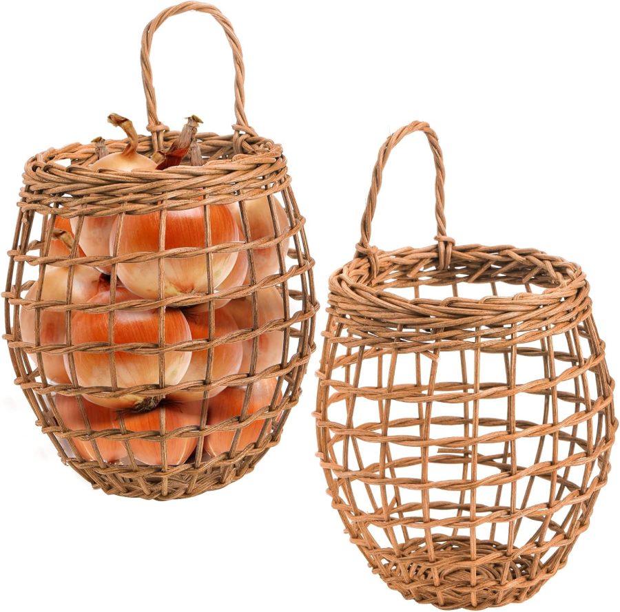 Set of 2 Hanging Onion Basket, Wall Mount Wicker Baskets for Storage Kitchen Woven Rattan Basket, Pantry Wicker Basket for Onion, Garlic, Potato