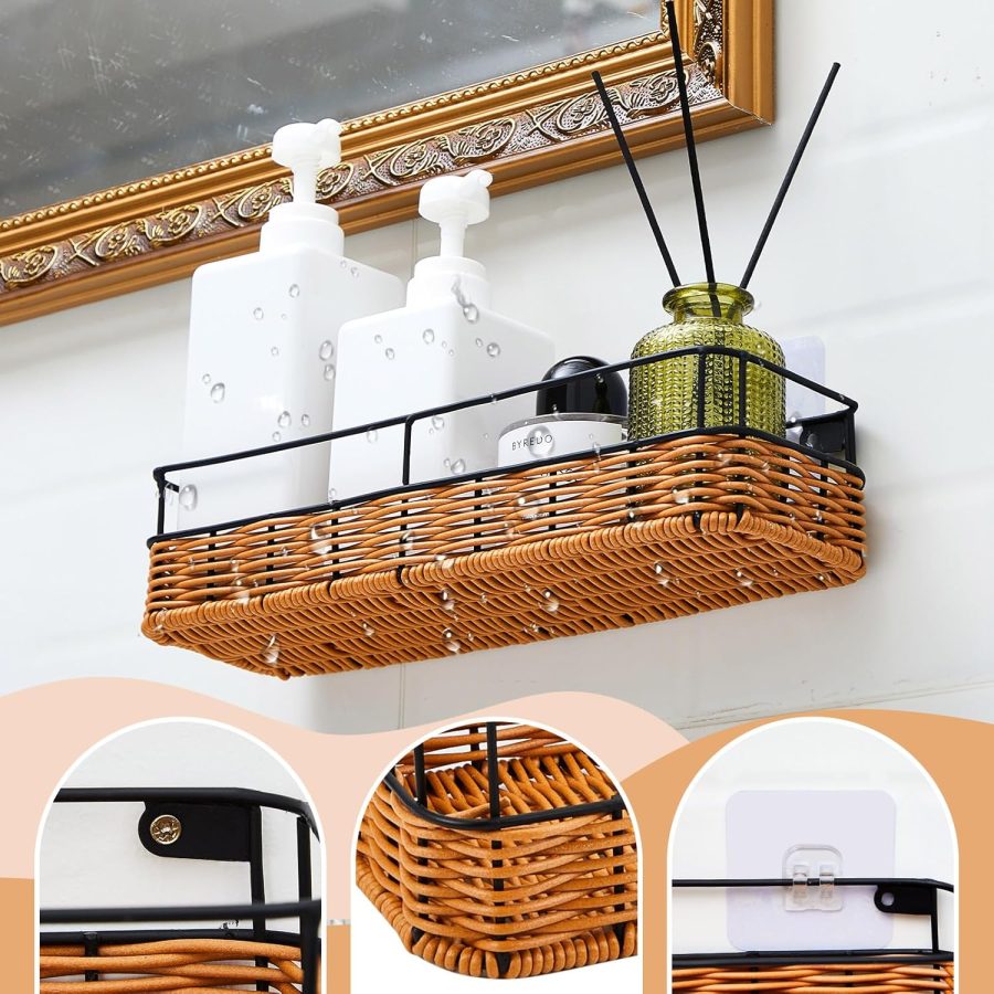 4 Pack Hanging Wall Basket Adhesive Shower Caddy Shelf Wall Mounted Organizer for Storage Wicker Shower Rack Holder for Bathroom Kitchen Cabinets Apartment Decor, 4 Sizes - Image 2
