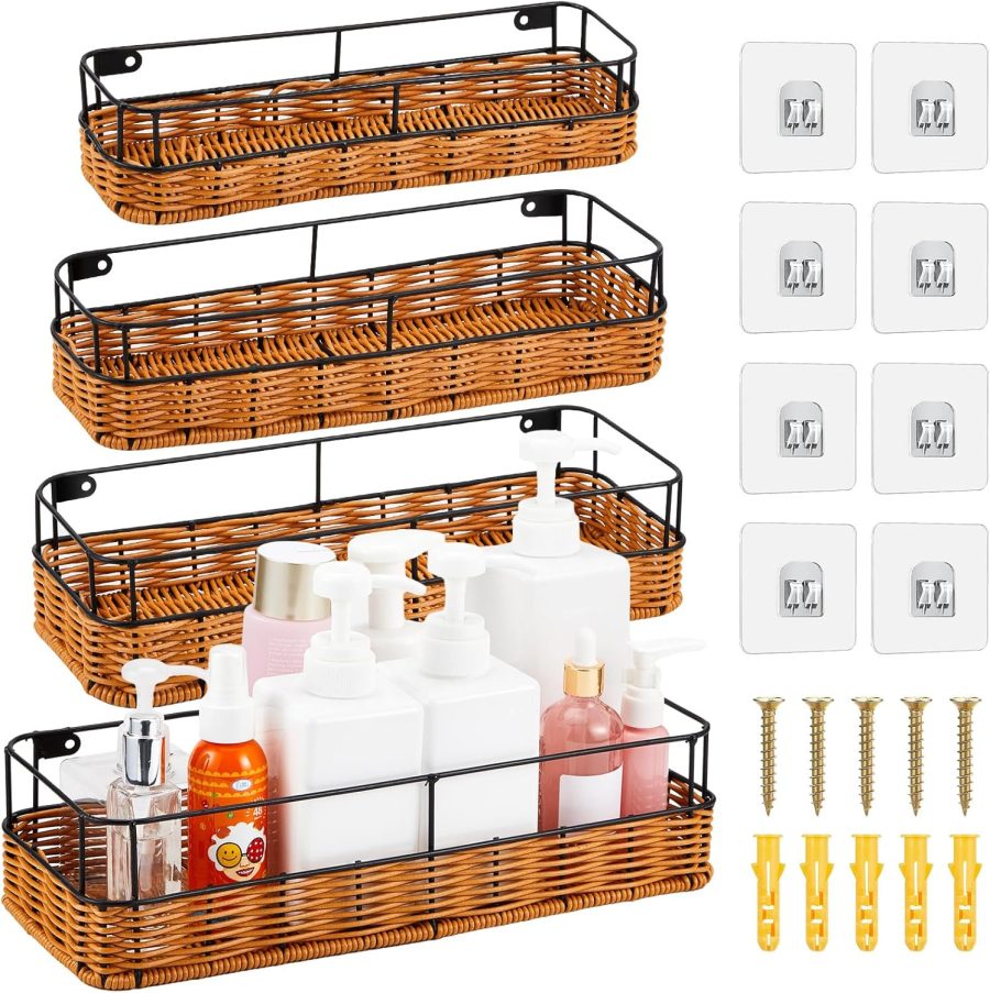 4 Pack Hanging Wall Basket Adhesive Shower Caddy Shelf Wall Mounted Organizer for Storage Wicker Shower Rack Holder for Bathroom Kitchen Cabinets Apartment Decor, 4 Sizes