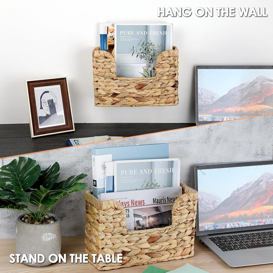 Woven Hanging Magazine Holder, Water Hyacinth Magazine Basket, Wall Mounted Storage Basket for Books & Files, Wall File Organizer Magazine Rack with Handle for Home & Office - 11.8x4.3x7.9 Inch - Image 2