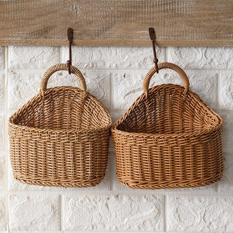 Hanging Woven Rattan Basket - Wall-Mounted Storage Rack with Hook, Plastic Wicker Baskets for Organizing Kitchen Bathroom Bedroom, Fantastic Small Hanging Basket for Home Decor Light Brown - Image 2
