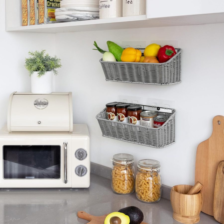 Wicker Hanging Basket, 2 Pack Storage Baskets for Cabinet, Wall Mount Fruit Basket for Kitchen, Adhesive Bathroom Cabinet Organizer, Pantry Organizers and Storage, Gray - Image 2
